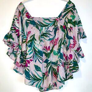 Terra & Sky Blouse Women’s Size 2X Butterfly-Sleeve Cotton Tropical Boho Beachy
